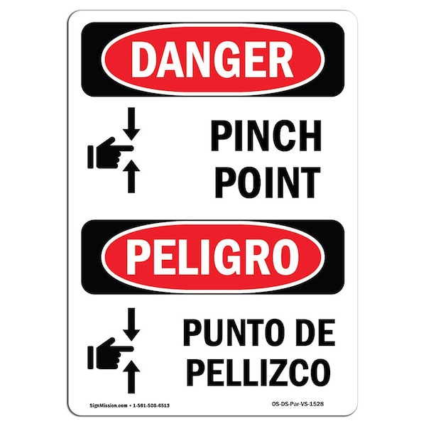 OSHA, Pinch Point Bilingual, 18in X 12in Rigid Plastic, 12" W, 18" L, Spanish, OS-DS-P-1218-VS-1528